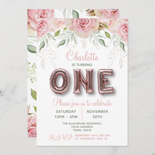 First Birthday Rose Gold Pink Balloon Invitation (Front/Back)