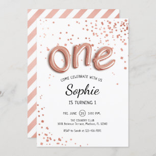 First Birthday - Rose Gold White Invitation