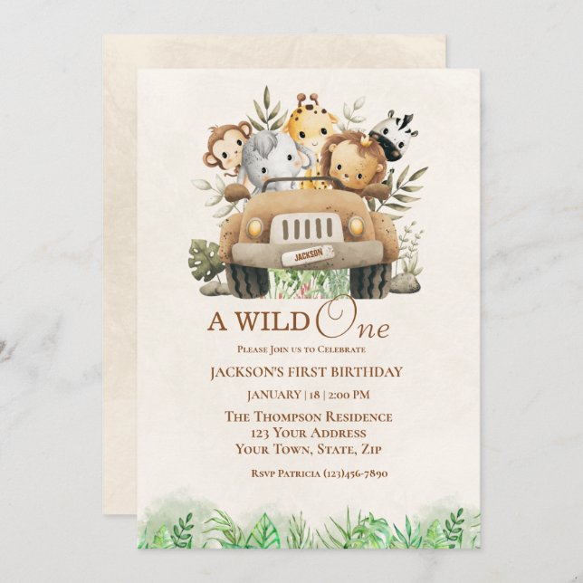 First Birthday Safari Jungle Animals  Party   Invitation (Front/Back)