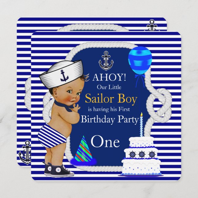 First Birthday Sailor Boy Navy Blue Stripe Invitation (Front/Back)