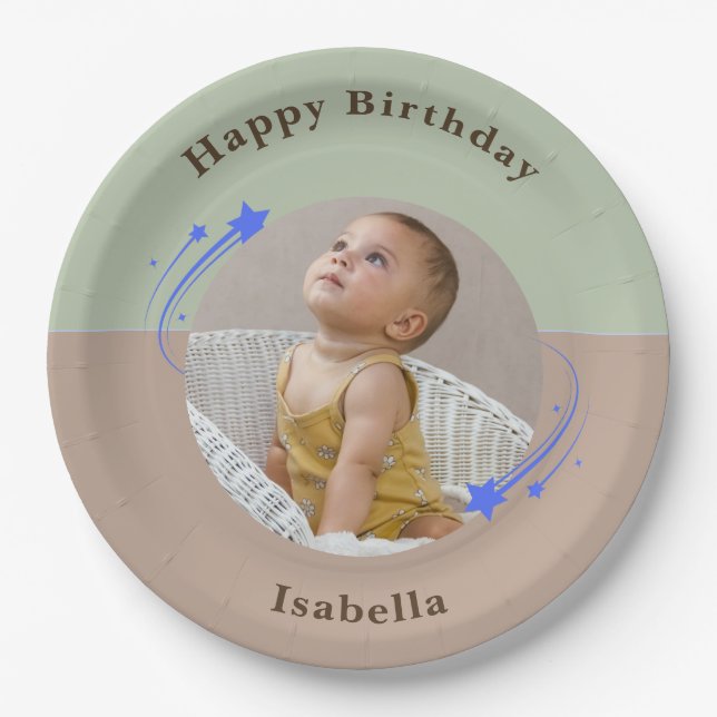 First Birthday Shooting Star Green Brown  Paper Plate (Front)
