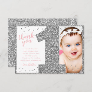 First Birthday Silver and Pink Thank You Card