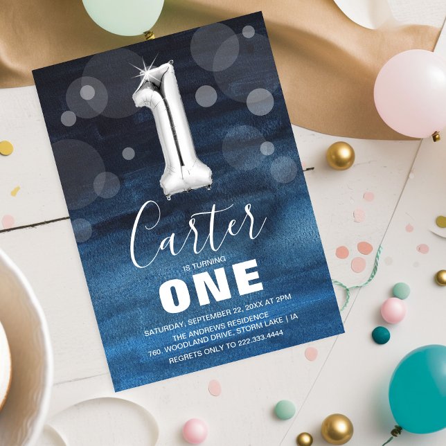 First Birthday Silver Balloon | Blue Party Invitation (Creator Uploaded)