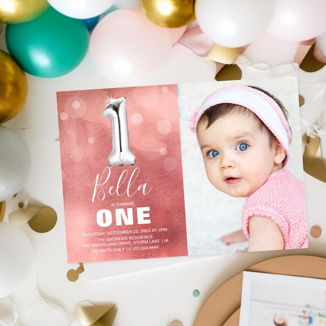 First Birthday Silver Balloon | Pink Photo Party Invitation (Creator Uploaded)