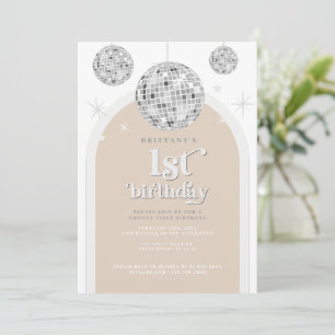 First Birthday Silver Retro Disco Glitter arch  Invitation