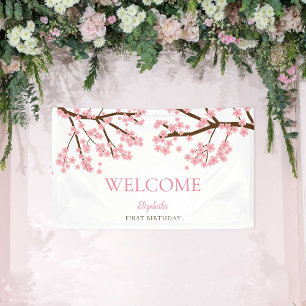 First Birthday Spring Cherry Blossoms Floral Cute Banner