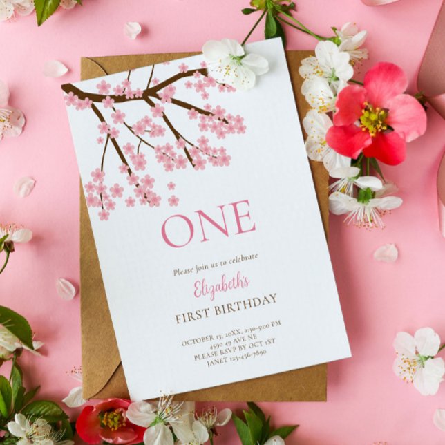 First Birthday Spring Cherry Blossoms Floral Cute Invitation (Creator Uploaded)