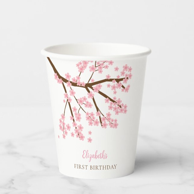 First Birthday Spring Cherry Blossoms Floral Cute Paper Cups (Front)