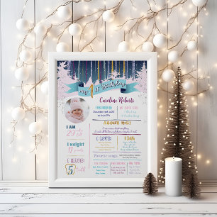 First Birthday Stats Winter Pink Blue Purple Photo Poster