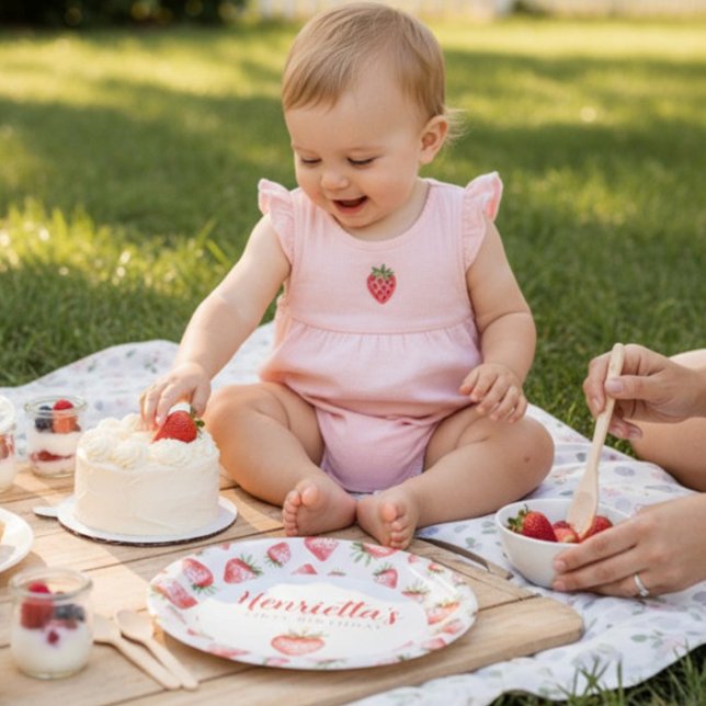 First Birthday Strawberry Watercolor Party Plates (Creator Uploaded)
