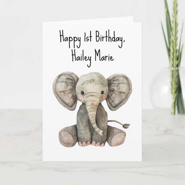 First Birthday Stuffed Elephant Personalised Card (Front)