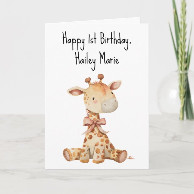 First Birthday Stuffed Toy Giraffe Personalised Thank You Card (Front)