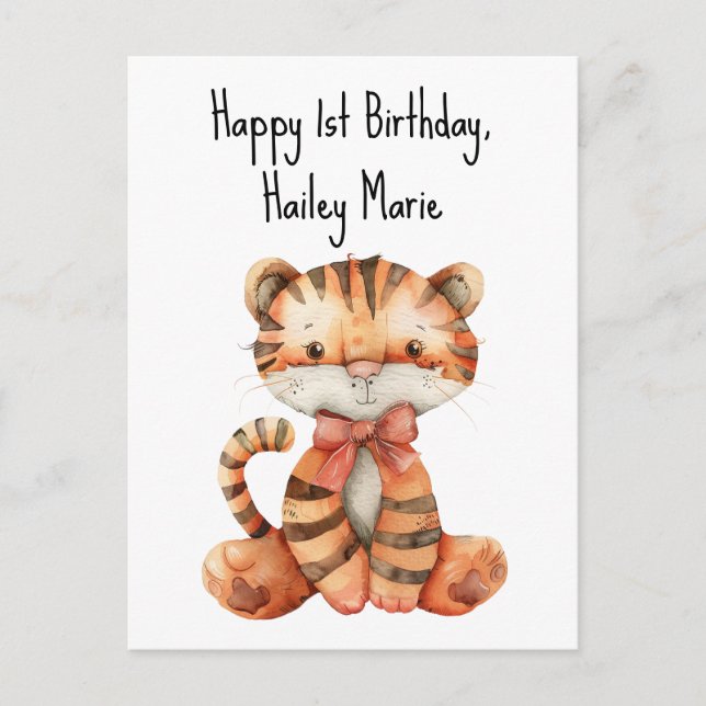 First Birthday Stuffed Toy Tiger Personalised Postcard (Front)