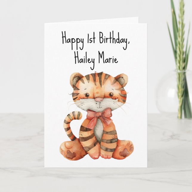 First Birthday Stuffed Toy Tiger Personalised Thank You Card (Front)