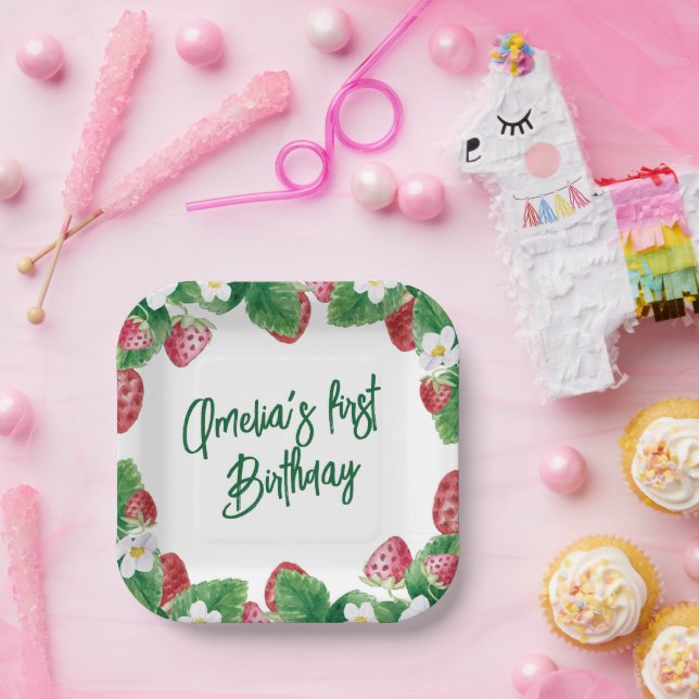 First Birthday Summer Strawberry Berry Sweet  Paper Plate (Party)