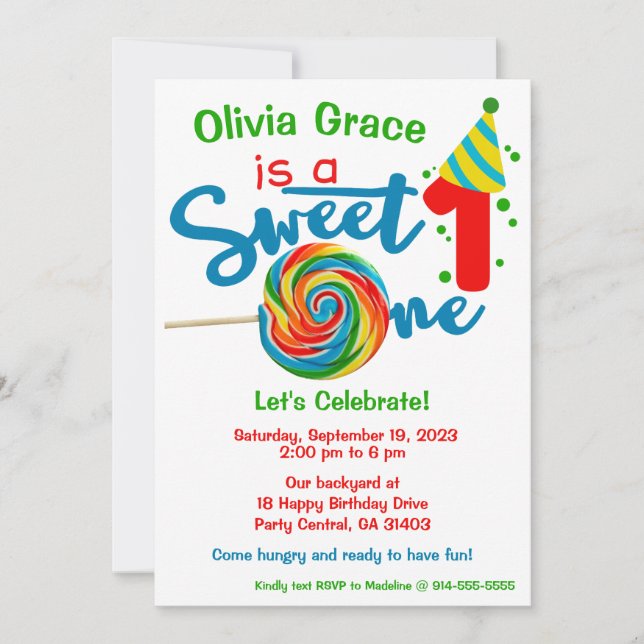 First Birthday Sweet One Theme Party Invitation (Front)