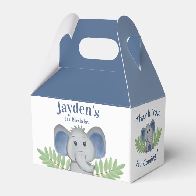 First Birthday Thank You Boy Blue Elephant Jungle Favour Box (Back Side)