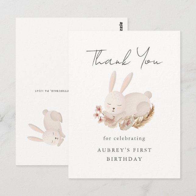 First Birthday Thank You with Cute Sleeping Bunny Postcard (Front/Back)