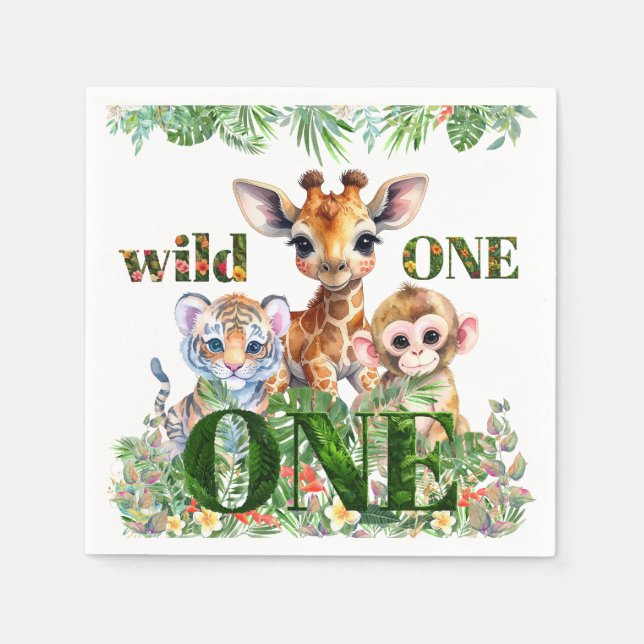 First Birthday Tiger Giraffe Monkey Wild One Napkin (Front)