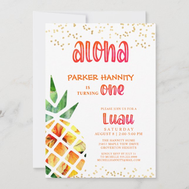 First Birthday Tropical Pineapple Aloha Luau Invitation (Front)
