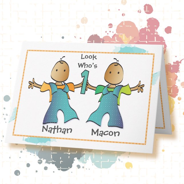 First Birthday Twin Boys Cartoon Cute Ethnic Card (Creator Uploaded)