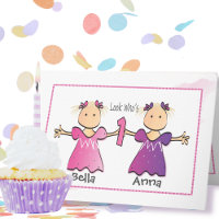 First Birthday Twin Girl Cartoon Sweet Cute Card
