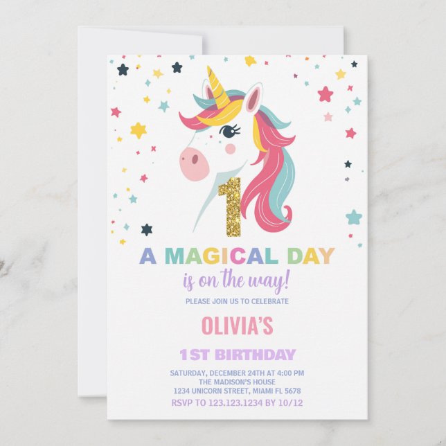 First Birthday Unicorn Birthday Invitations (Front)