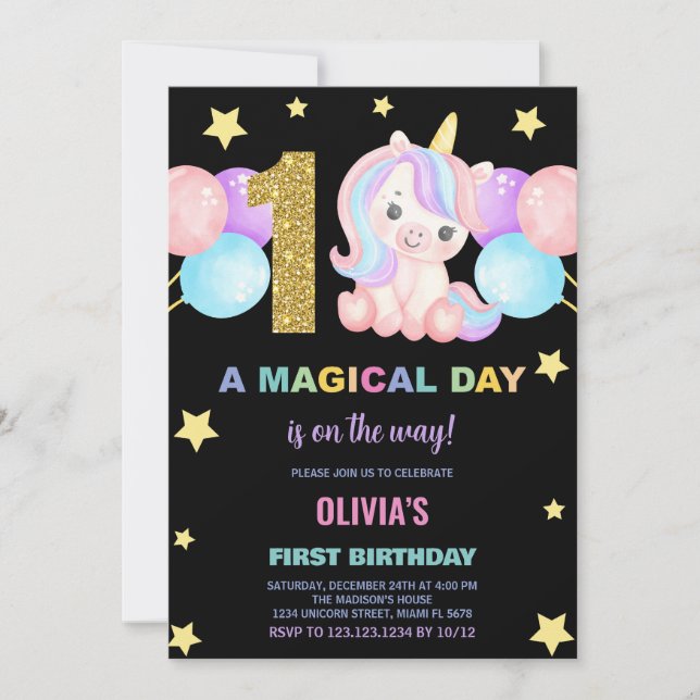 First Birthday Unicorn Birthday Invitations (Front)