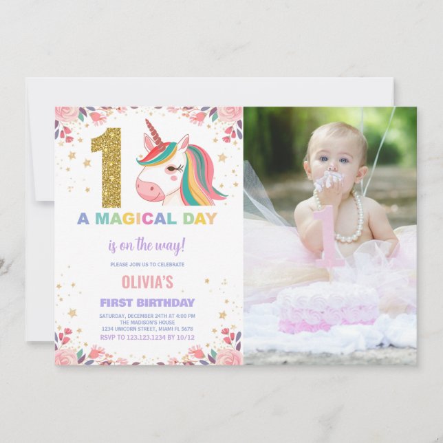First Birthday Unicorn Birthday Invitations photo (Front)