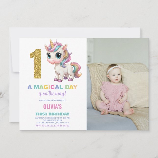 First Birthday Unicorn Birthday Invitations photo (Front)
