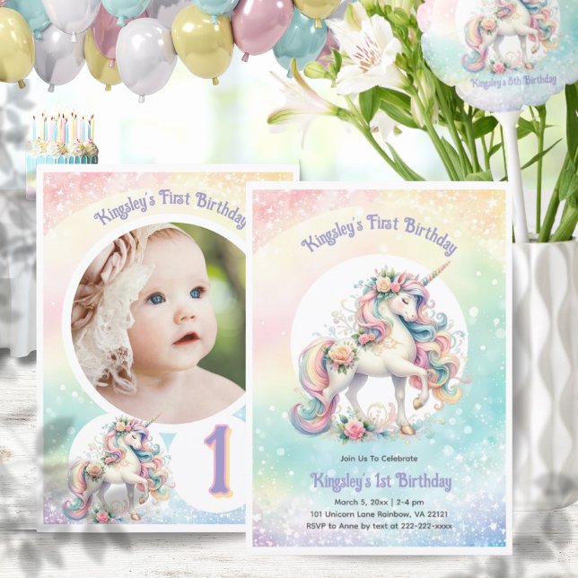 First Birthday Unicorn Photo Rainbow Pastel Party Invitation (First Birthday Unicorn Photo Rainbow Pastel Party Invitation)