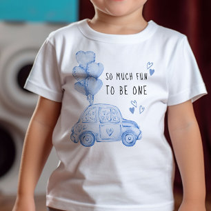 First Birthday Valentine Blue Balloons and Car Baby T-Shirt