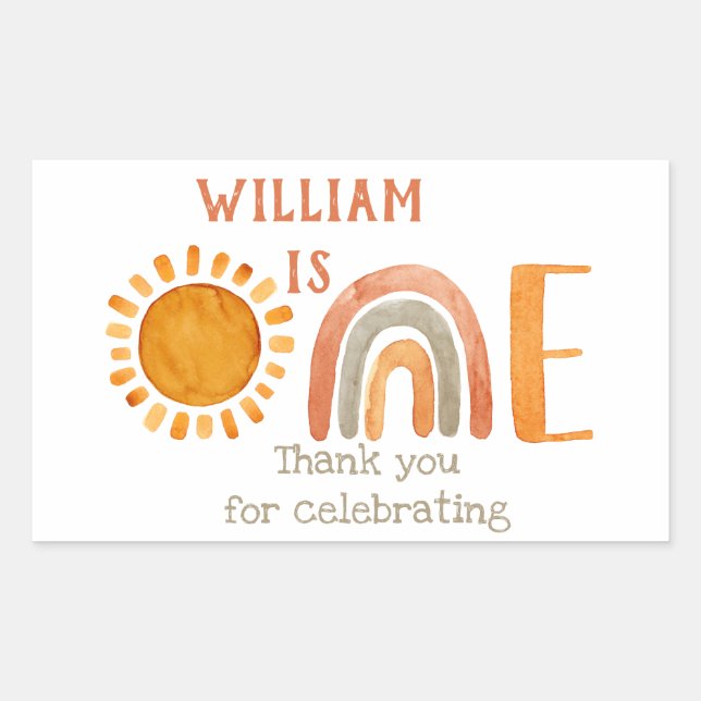 First Birthday Watercolor Boho Rainbow and Sun  Rectangular Sticker (Front)