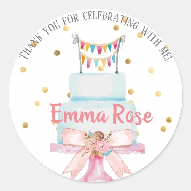 First Birthday Watercolor Cake Classic Round Sticker (Front)