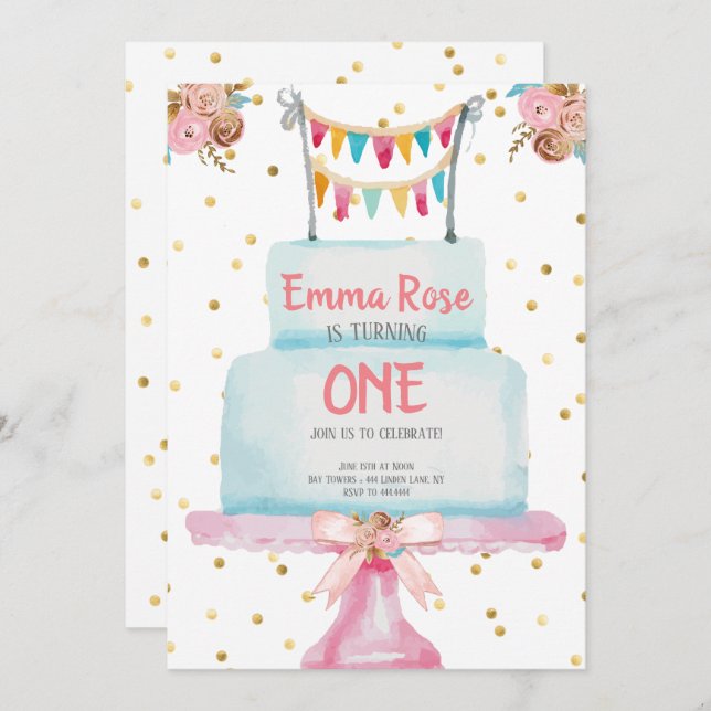 First Birthday Watercolor Cake Invitation (Front/Back)