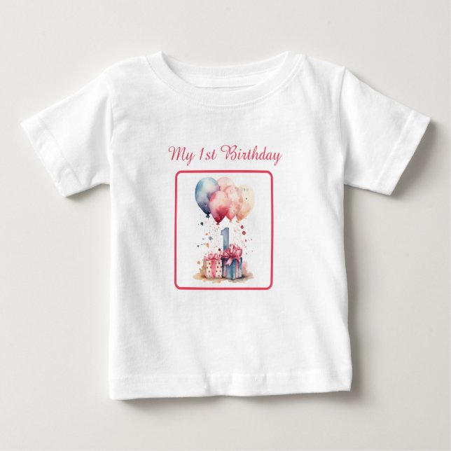 First Birthday - Watercolor gifts and balloons - Baby T-Shirt (Front)