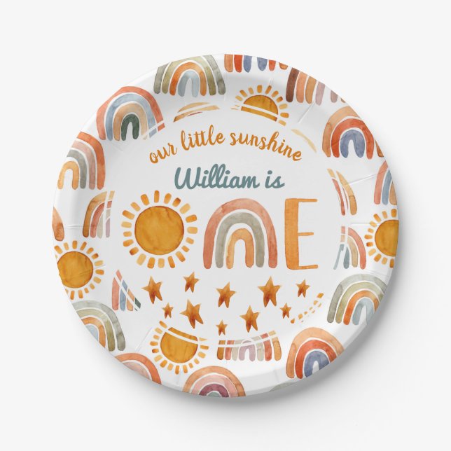 First Birthday Watercolor Sunshine and Rainbow  Paper Plate (Front)
