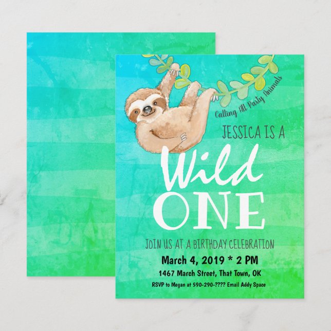 First Birthday Wild One Jungle Sloth Party Invitation (Front/Back)