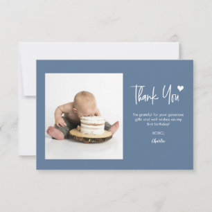 First Birthday with Custom Photo Modern blue Mini Thank You Card