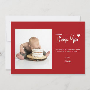 First Birthday with Custom Photo Modern Red Thank You Card