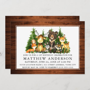 First Birthday Wood Watercolor Woodland Animals Invitation