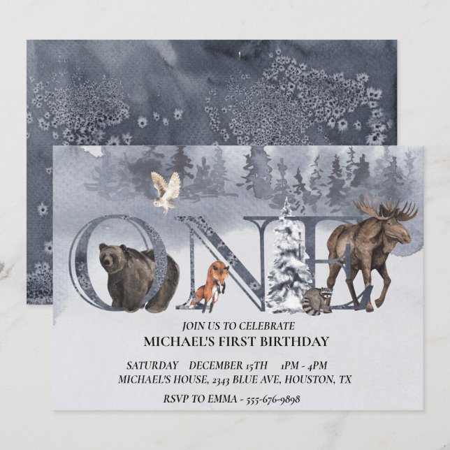 First Birthday Woodland Bear Winter Watercolor Invitation (Front/Back)