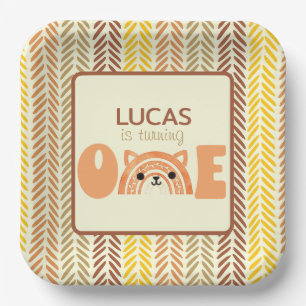 First Birthday Woodland Fox Boho Rainbow Paper Plate
