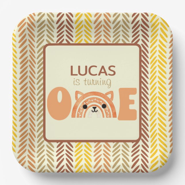 First Birthday Woodland Fox Boho Rainbow Paper Plate (Front)