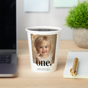 First Bithday Photo Acrylic Sign in Black & White Paper Cups