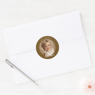 First Bithday Photo Round Sticker in Brown