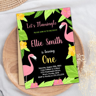 First Black Green Flamingo Birthday Invitations