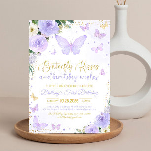 First Butterfly Kisses Purple Butterfly Birthday Invitation