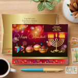 First Candle of Hanukkah Festival of Lights Party Envelope<br><div class="desc">First Candle of Hanukkah. Happy Hanukkah Festival of lights party invitation beauty Jewish holiday card. Beautiful Jewish Holiday Chanukkah background with traditional Chanuka decorative symbols - wooden dreidels (spinning top), doughnuts, hanukkiah menorah, candles, star of David and glowing lights wallpaper gold pattern. Hanukkah festival of lights event decoration. Jerusalem, Israel....</div>