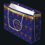 First Candle of Hanukkah Festival of Lights Party  Large Gift Bag<br><div class="desc">First Candle of Hanukkah. Happy Hanukkah Festival of lights party Gift Bag beauty Jewish holiday card. Beautiful Jewish Holiday Chanukah background with traditional Chanukah decorative symbols - wooden dreidels (spinning top), doughnuts, hanukkiah menorah, candles, star of David and glowing lights wallpaper gold hanukkiah navy blue pattern pattern. Hanukkah festival of...</div>